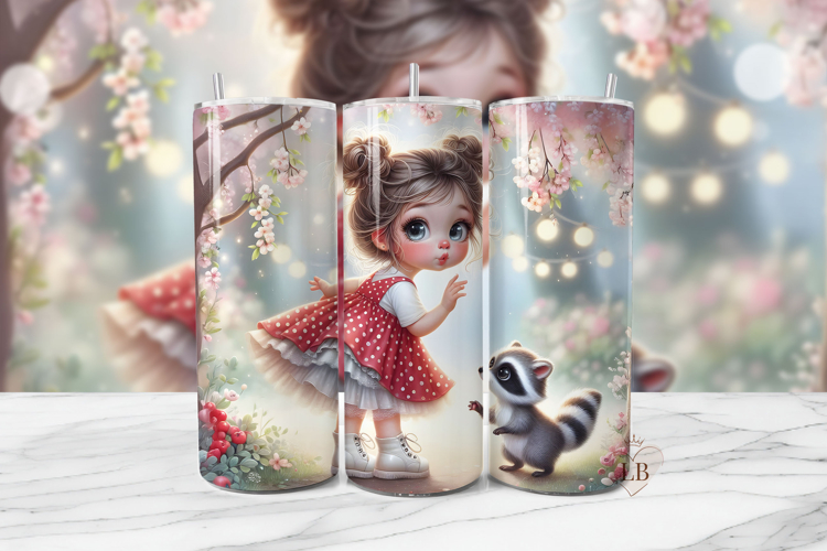 Cherry Blossom Sublimation PNG | Cute Girl with Raccoon
