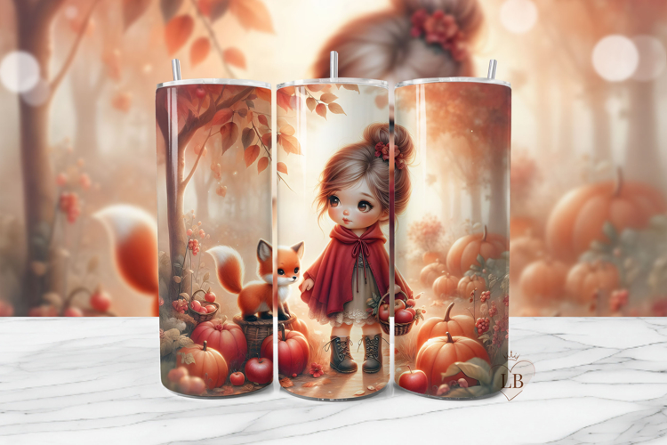Autumn Fox Girl Pumpkin Tumbler Wrap PNG
