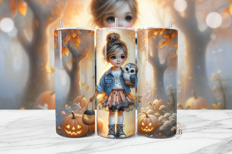 Halloween Owl Girl Pumpkin Tumbler Wrap PNG