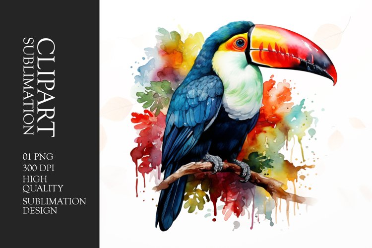 Watercolor colorful toucan bird sitting on a branch clipart