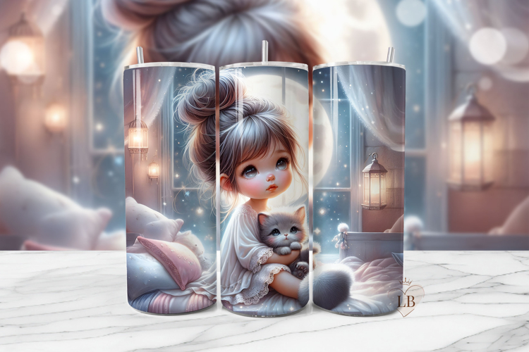 Adorable Girl & Kitten Tumbler Wrap PNG