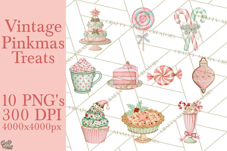 Vintage Pinkmas Treats Clipart PNG Retro Christmas Sweets