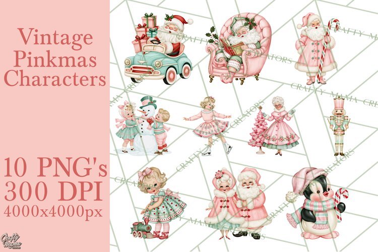 Vintage Pinkmas Clipart PNG Retro Pink Santa Characters
