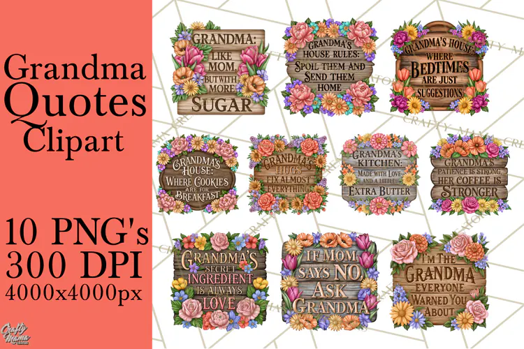 Grandma Png Quotes | Rustic Floral Wood Signs PNG