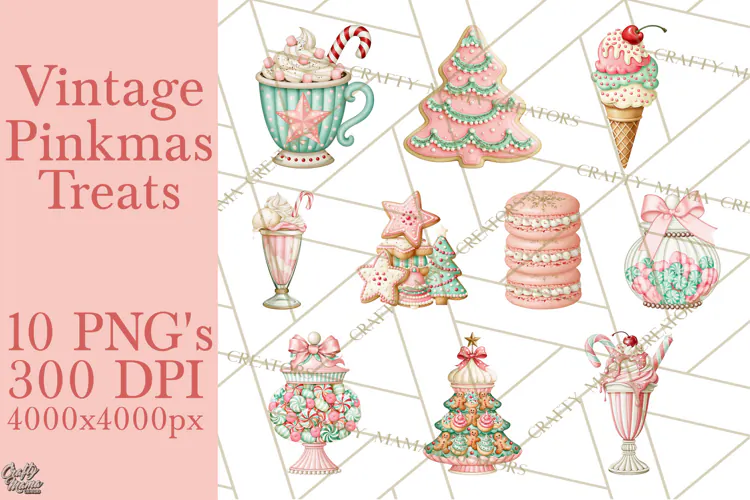 Vintage Pinkmas Treats Clipart PNG Retro Christmas Sweets