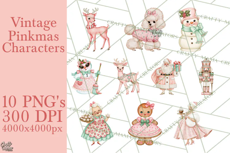 Vintage Pinkmas Clipart PNG Retro Pink Santa Characters