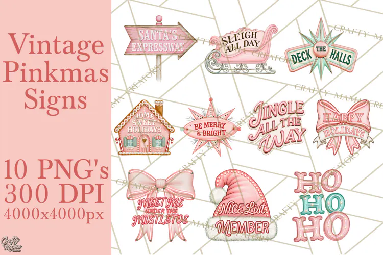 Vintage Pinkmas Sign Clipart PNG Retro Christmas Quote