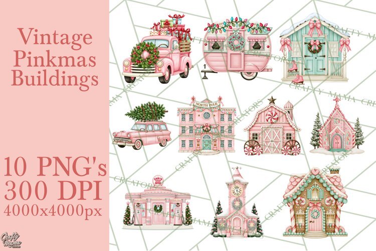 Vintage Pinkmas Storefront Clipart PNG Retro Christmas example image 1