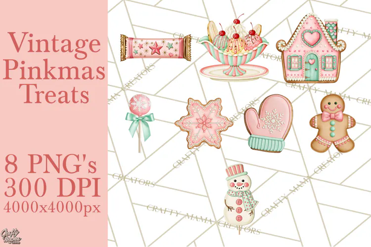 Vintage Pinkmas Treats Clipart PNG Retro Christmas Sweets