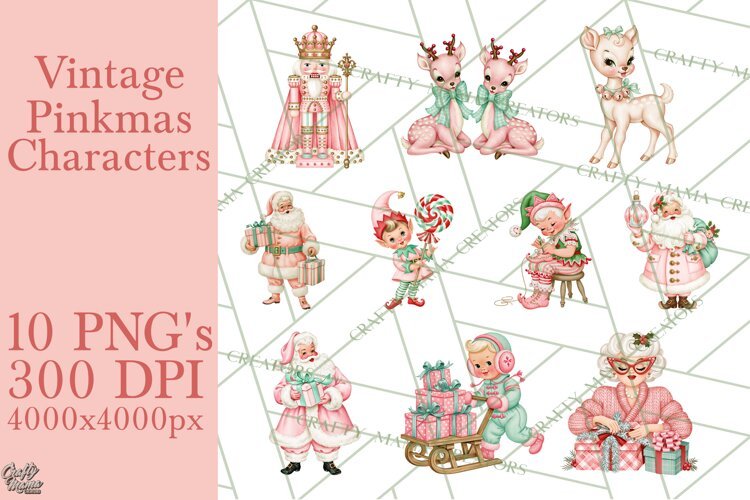 Vintage Pinkmas Clipart PNG Retro Pink Santa Characters example image 1