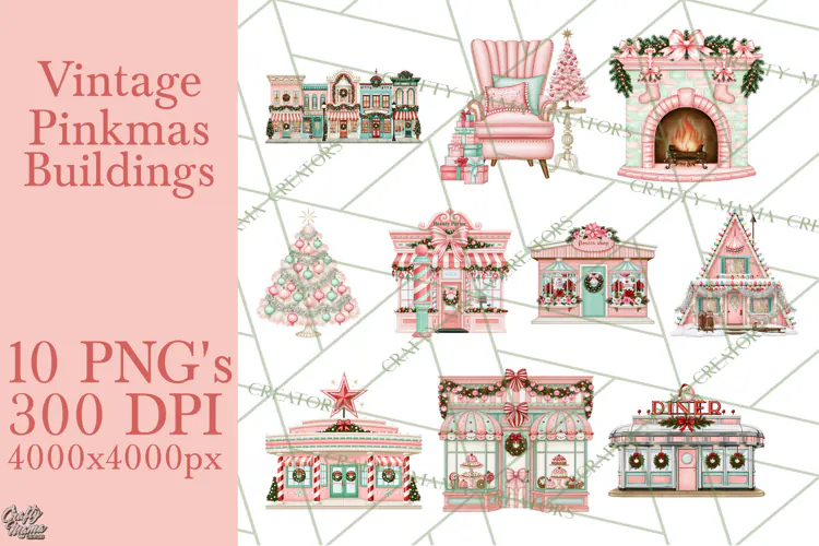 Vintage Pinkmas Storefront Clipart PNG Retro Christmas