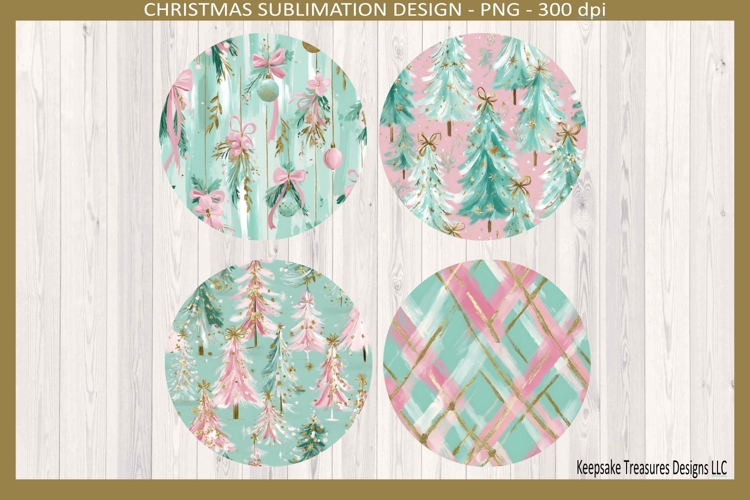 Christmas Preppy Pink and Mint Round Coaster Template