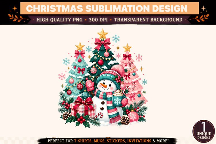 Snowman Christmas PNG, Christmas Tree Sublimation Design, Cu example image 1
