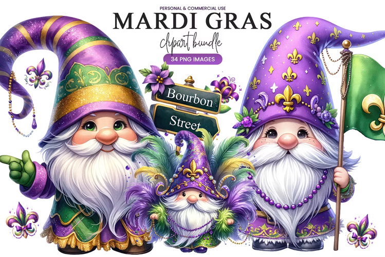 Mardi Gras Gnome Clipart Bundle | 34 PNG