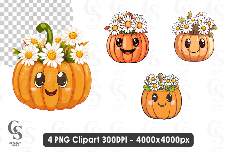 Cute Kawaii Pumpkin with Flowers and Smiling Face Clipart