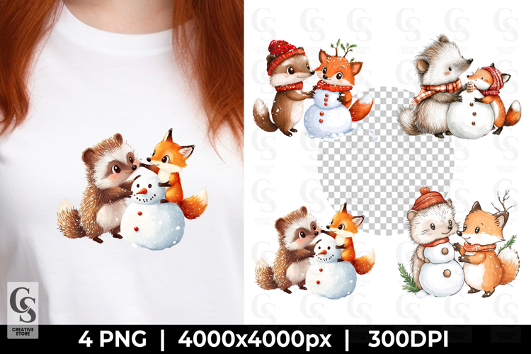 Cute Fox and Raccoon Snowman Clipart Sublimation PNG