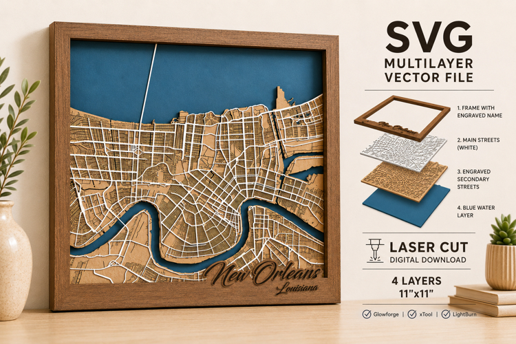 New Orleans USA Layered City Map SVG | 4 Layer Laser Cut SVG