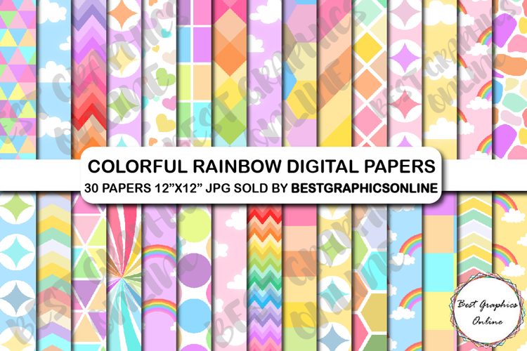 30 Rainbow Stripes Digital Papers Set, Unicorn Rainbow Paper