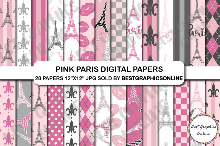 28 Pink Paris Digital Papers Set Eiffel Tower Oh la la Paper