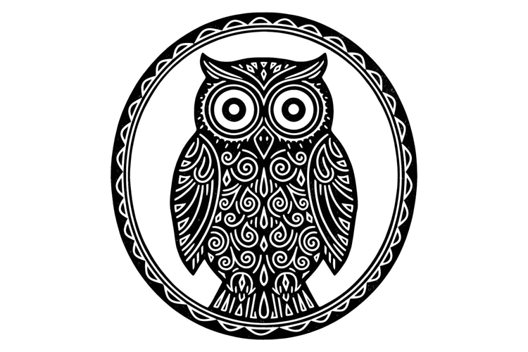 Lino-Cut Owl Folk Art - Black Ink Block Print Clipart