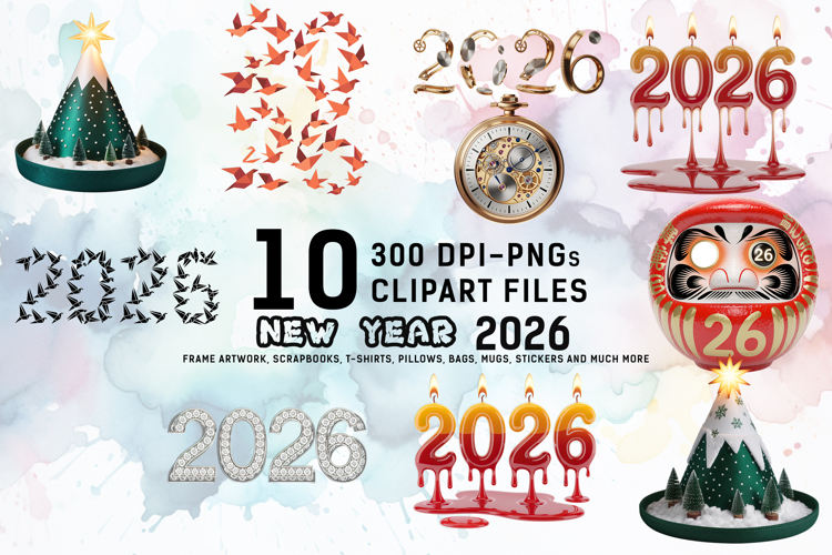 Whimsical New Year 2026 Clipart Bundle
