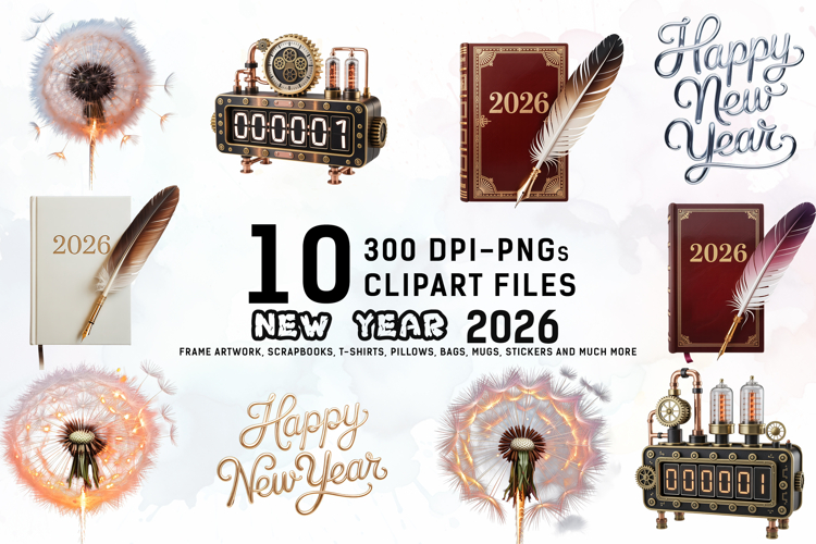 Vintage Steampunk New Year 2026 Clipart Bundle