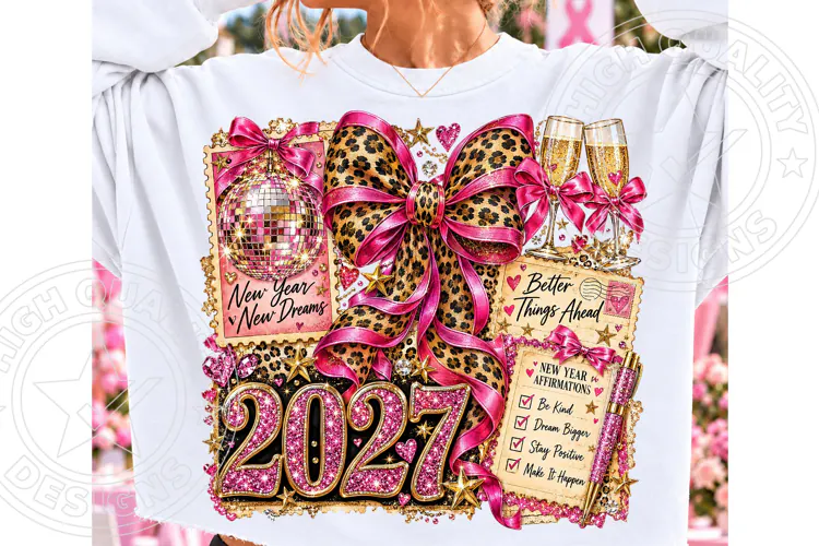 New Year 2027 PNG, Pink Leopard Glitter Bow Glam Celebration