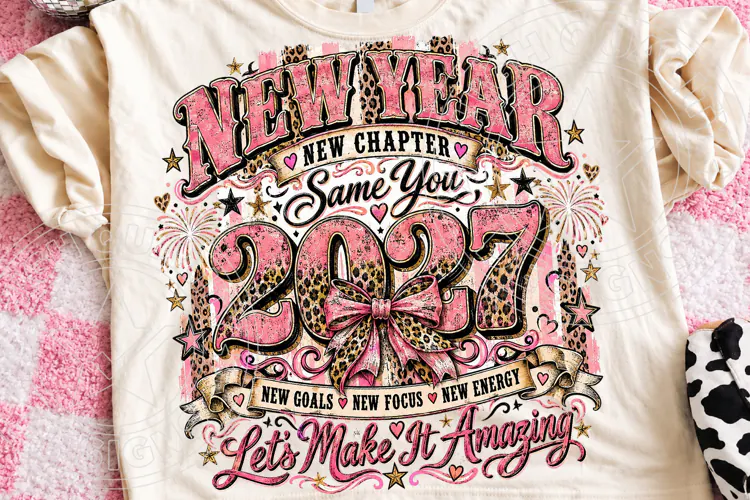 New Year 2027 Pink Leopard Bow New Chapter Inspirational PNG