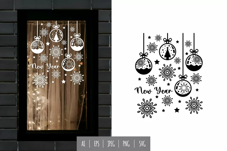 New Year Text, Snowflakes and Christmas Balls Window Decal