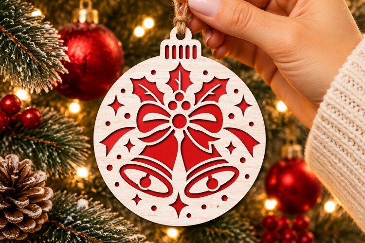 New Year Bell Ornament SVG, Laser Cut Holly Bow Bauble example image 1