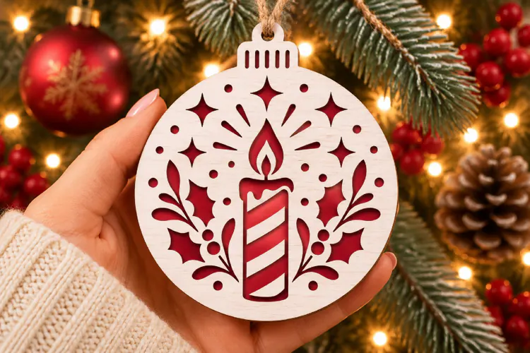 New Year Candle Ornament SVG, Laser Cut Striped Holiday