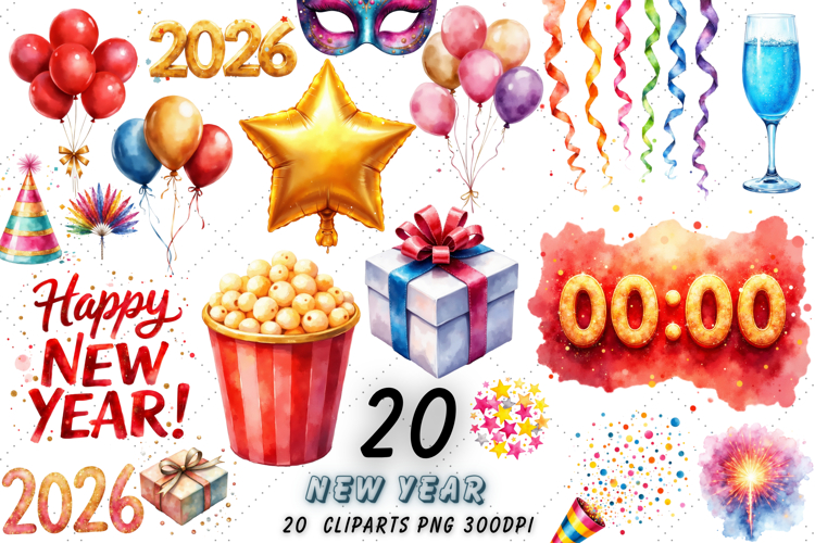 New Year Celebration Clipart Bundle | Party Watercolor PNG