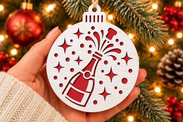 New Year Champagne Ornament SVG, Laser Cut Bauble Stars example image 1