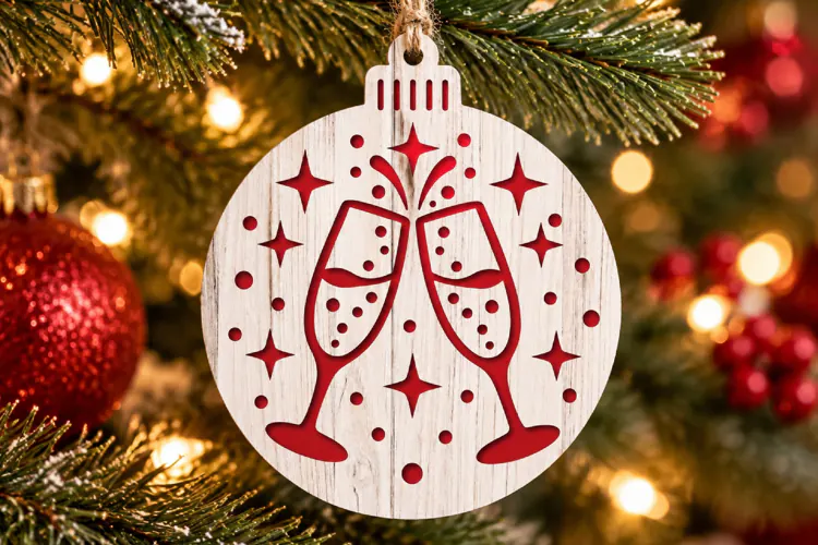 New Year Champagne Ornament SVG, Laser Cut Toasting Glasses
