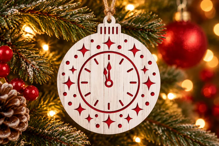 New Year Clock Ornament SVG, Laser Cut Midnight Star Design