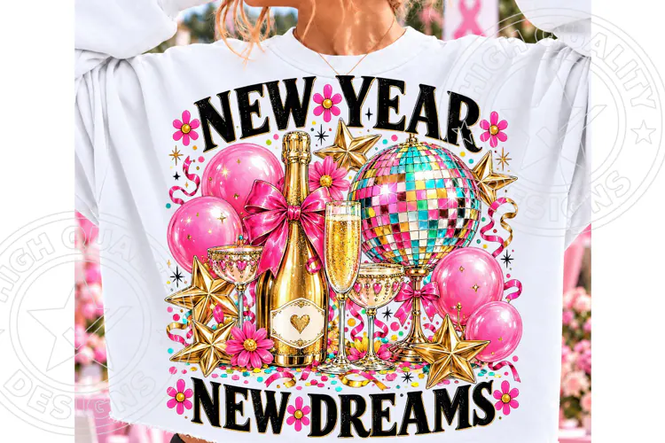 New Year Dreams 2027 PNG, Pink & Gold Champagne Disco Ball S