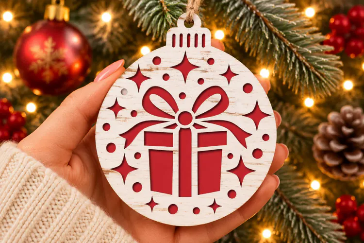 New Year Gift Ornament SVG, Laser Cut Present and Star Baubl