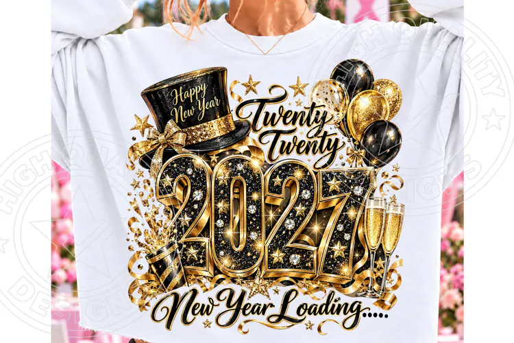 New Year Loading 2027 PNG | Black and Gold Glitter Sublimati