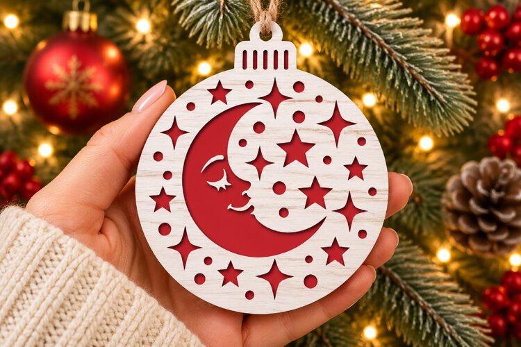 New Year Moon Ornament SVG, Laser Cut Celestial Star Bauble example image 1