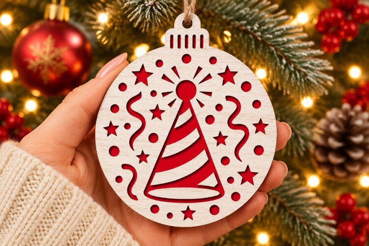 New Year Party Hat Ornament SVG, Laser Cut Bauble Stars example image 1