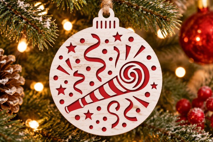 New Year Party Horn Ornament SVG | Laser Cut Bauble example image 1