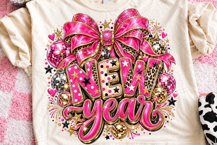 New Year Pink Bow, Leopard & Disco Ball Glam Party PNG example image 1