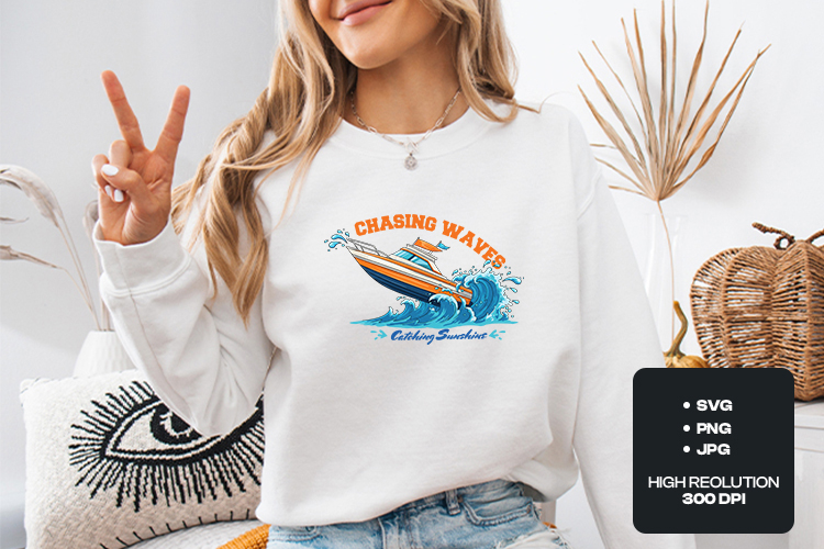 Chasing Waves Catching Sunshine Retro Speedboat Summer PNG