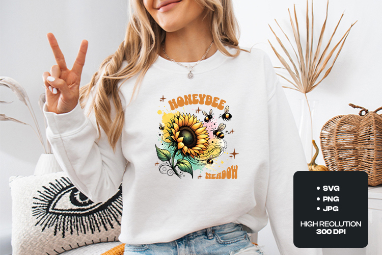 Retro Honeybee Meadow Sunflower Watercolor Sublimation