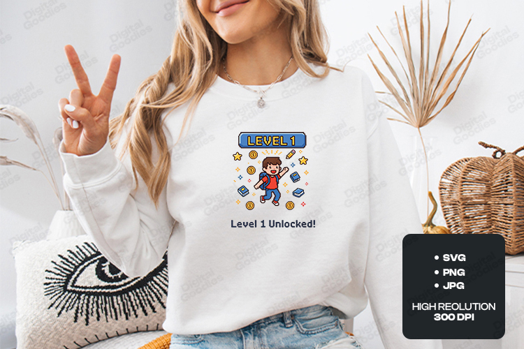 Level 1 Unlocked SVG - Pixel Art First Grade Gamer Cut File