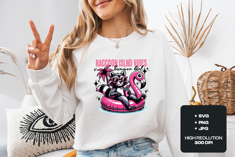Raccoon Island Vibes Summer Girl Flamingo Sublimation PNG