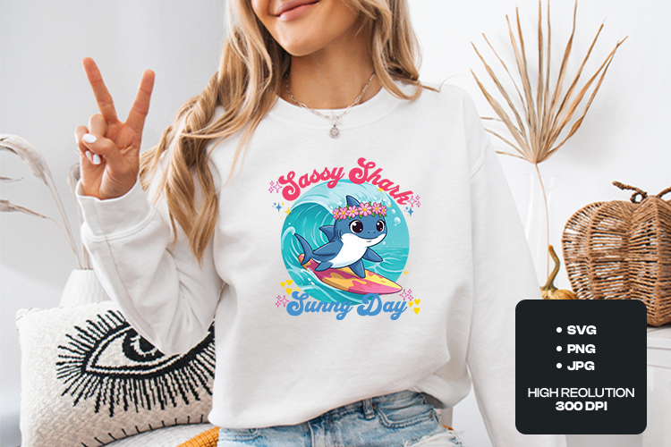 Sassy Shark Sunny Day Surfing Kawaii Beach Summer PNG