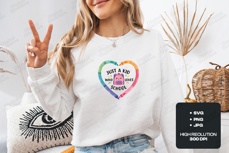 Just A Kid Who Loves School SVG - Crayon Heart Backpack File