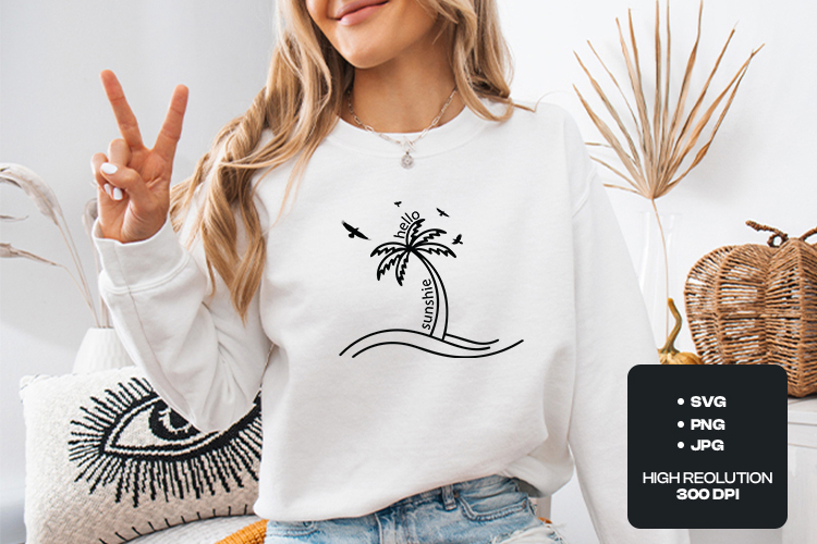 Hello Sunshine Palm Tree SVG - Beach Summer Waves Cut File