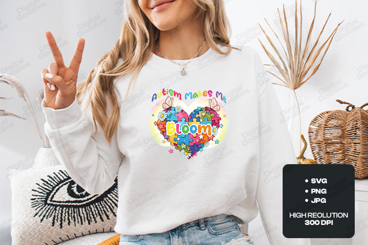 Autism Makes Me Bloom SVG - Retro Puzzle Heart Floral File